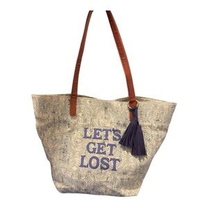 Lucky Brand Canvas Tote Bag Boho Ikat Print Blue Brown Tassel Coastal Cowgirl